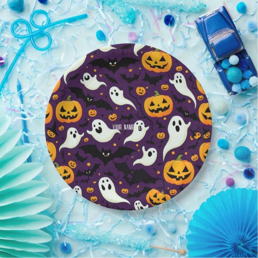 ハローウィンパーティこうもりカボチャ怖いパターンパープル ペーパープレート (パーティー)