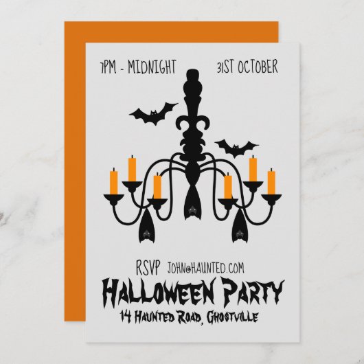 ハローウィンパーティこうもりシャンデリアブラックとオレンジ 招待状 (正面/裏面)
