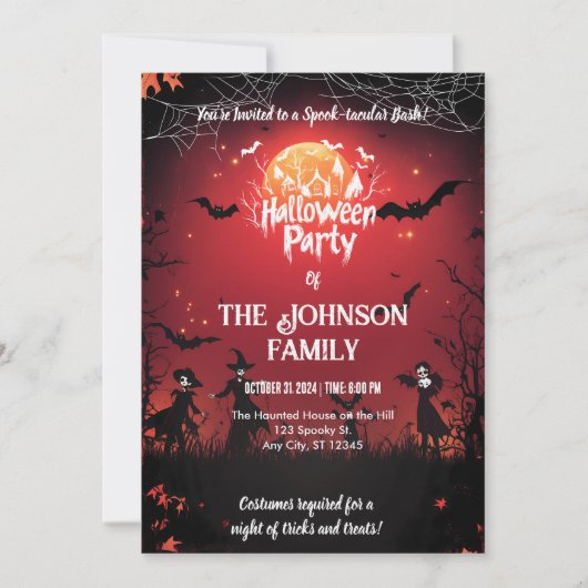 ハローウィンパーティとカスタムこうもり&レッドムーングロー 招待状 (正面)