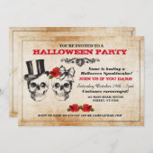 ハローウィンパーティのスカルのバラの恐怖衣裳の招待 招待状 (正面/裏面)