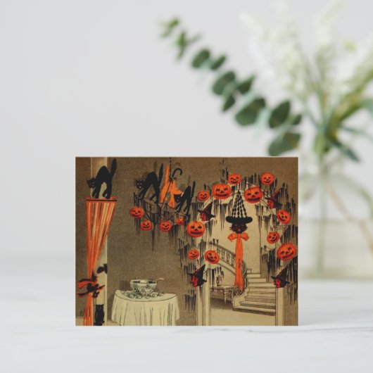 ハローウィンパーティのハロウィーンのカボチャのちょうちんのカボチャ黒猫 シーズンポストカード (スタンド正面)