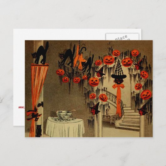 ハローウィンパーティのハロウィーンのカボチャのちょうちんのカボチャ黒猫 シーズンポストカード (正面/裏面)