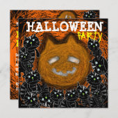 ハローウィンパーティの招待状のカボチャ猫の顔 招待状 (正面/裏面)