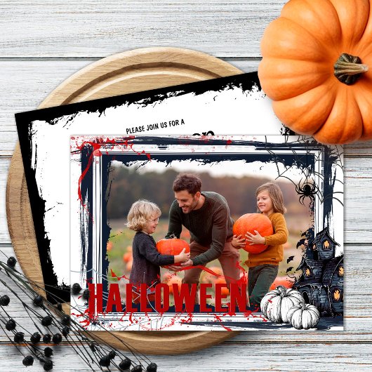 ハローウィンパーティの白いフレームとカボチャ写真 招待状