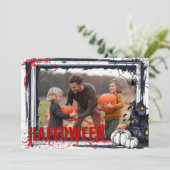 ハローウィンパーティの白いフレームとカボチャ写真 招待状 (スタンド正面)