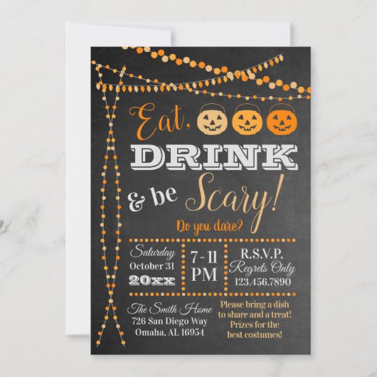 ハローウィンパーティの黒板食べの飲み物が怖い 招待状 (正面)