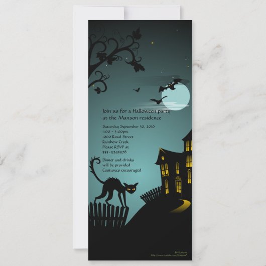 ハローウィンパーティの黒猫のお化け屋敷の青 招待状 (裏面)