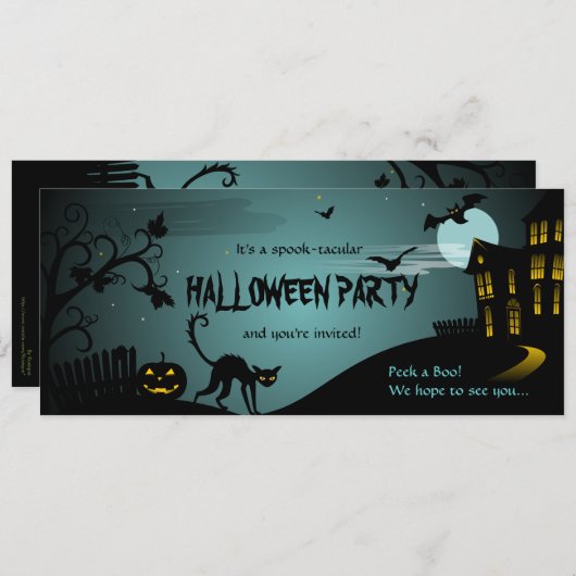 ハローウィンパーティの黒猫のお化け屋敷の青 招待状 (正面/裏面)