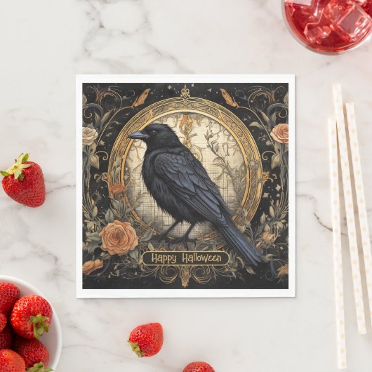 ハローウィンパーティイブブラッククロウオレンジ色の花 スタンダードランチョンナプキン (インサイチュ)