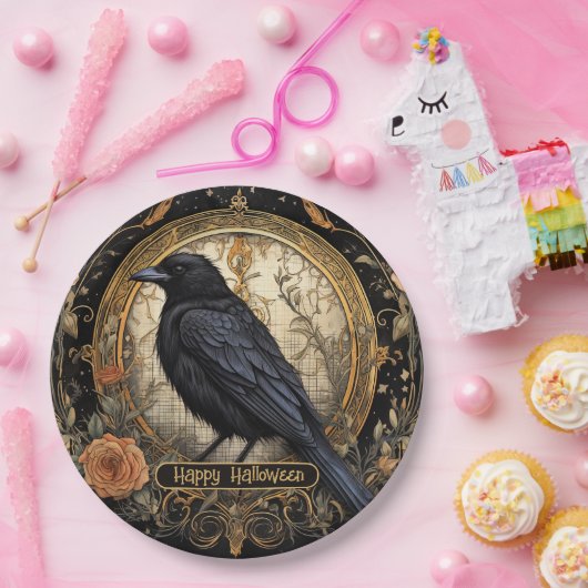ハローウィンパーティイブブラッククロウオレンジ色の花 ペーパープレート (パーティー)