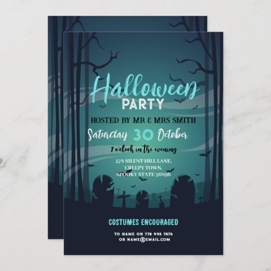 ハローウィンパーティウ幽霊のよく出るッズこうもりグリーンインビタティ 招待状 (正面/裏面)
