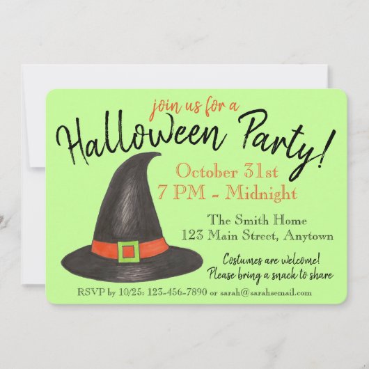 ハローウィンパーティオレンジカボンプキンブラックウィッチハット 招待状 (正面)