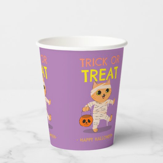 ハローウィンパーティカップ、猫ミイラ、トリックまたは治療 紙コップ (裏面)