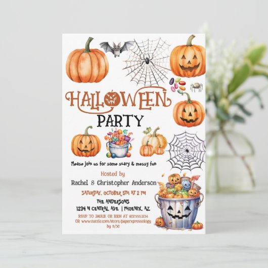 ハローウィンパーティカボチャのトリックまたはトリートキッズ大人 招待状 (スタンド正面)