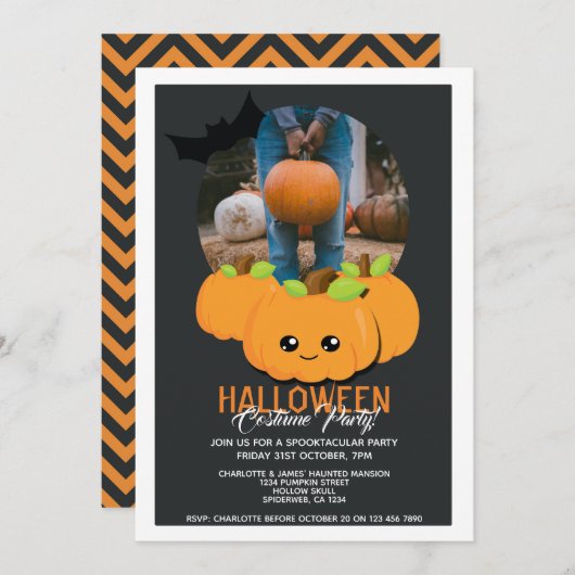 ハローウィンパーティカボチャ及びこうもり パーソナライズされた 招待状 (正面/裏面)