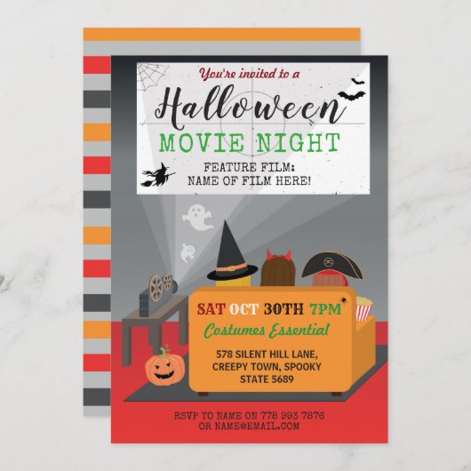 ハローウィンパーティキッズ衣装ホラー映画ナイト 招待状 (正面/裏面)