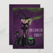 ハローウィンパーティグラムウィッチインブラックグリーンパープル インビテーションポストカード (正面/裏面)