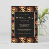 ハローウィンパーティゴシックスカルブラックレッドローズクラウン 招待状 (スタンド正面)