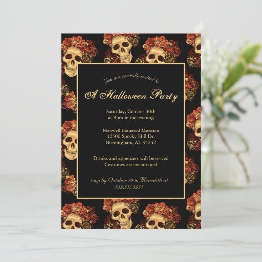 ハローウィンパーティゴシックスカルブラックレッドローズクラウン 招待状 (スタンド正面)