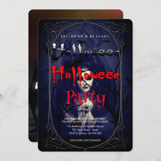 ハローウィンパーティゴシック様式の魔女とハ幽霊のよく出るウス 招待状 (正面/裏面)