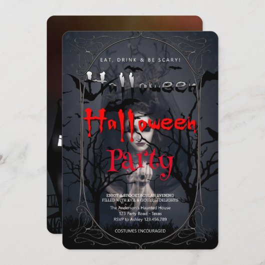 ハローウィンパーティゴシック様式の魔女とハ幽霊のよく出るウス 招待状 (正面/裏面)