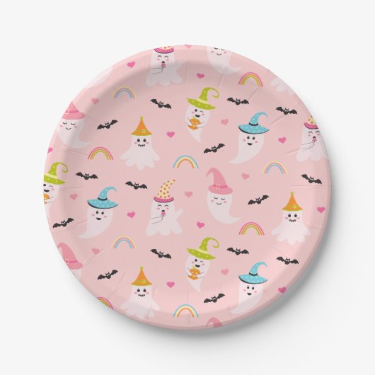 ハローウィンパーティデコー不気味ルワンピンク幽霊紙 ペーパープレート (正面)