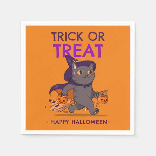 ハローウィンパーティナプキンス、魔女ハット付き猫 スタンダードカクテルナプキン (正面)