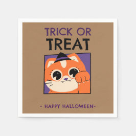ハローウィンパーティナプキン、帽子をかぶった子猫、ブラウン スタンダードカクテルナプキン
