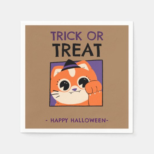 ハローウィンパーティナプキン、帽子をかぶった子猫、ブラウン スタンダードカクテルナプキン (正面)