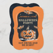 ハローウィンパーティハロウィーンのカボチャのちょうちんとこうもり 招待状 (正面/裏面)