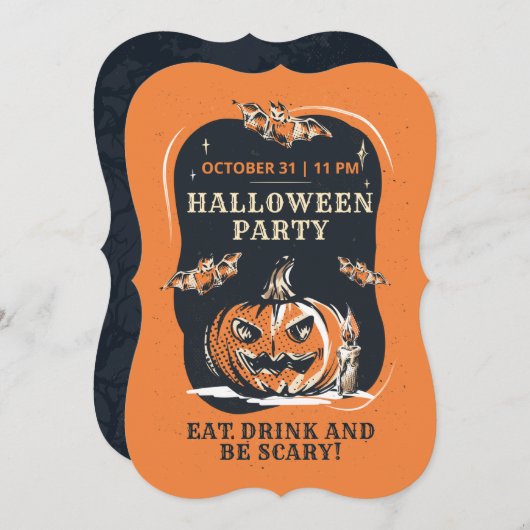 ハローウィンパーティハロウィーンのカボチャのちょうちんとこうもり 招待状 (正面/裏面)