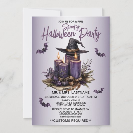 ハローウィンパーティパープルキャンドルこうもり不気味怖 招待状 (正面)