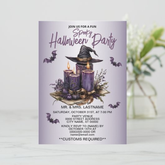 ハローウィンパーティパープルキャンドルこうもり不気味怖 招待状 (スタンド正面)