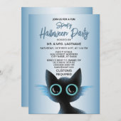 ハローウィンパーティビッグアイズブラックブルーイマジックキャット 招待状 (正面/裏面)