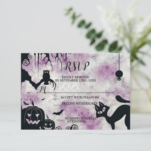 ハローウィンパーティブラックキャットエビルカボチャ怖いフクロウ 出欠カード (スタンド正面)