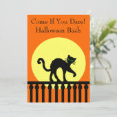 ハローウィンパーティブラックキャットオンフェンスムーンオレンジ 招待状 (スタンド正面)