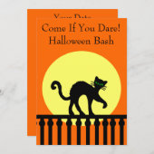ハローウィンパーティブラックキャットオンフェンスムーンオレンジ 招待状 (正面/裏面)