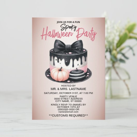 ハローウィンパーティブラックピンクケーキトリート不気味 招待状 (スタンド正面)