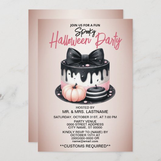 ハローウィンパーティブラックピンクケーキトリート不気味 招待状 (正面/裏面)