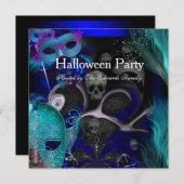 ハローウィンパーティブルーティール(緑がかった色)マスクマスカレードパーティー 招待状 (正面/裏面)