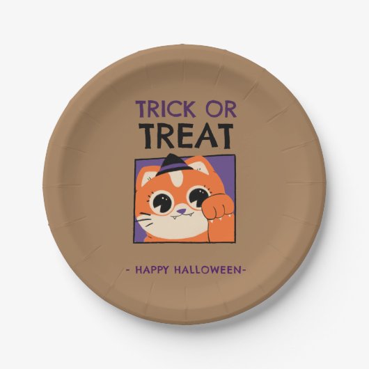 ハローウィンパーティプレート、黒い帽子の子猫 ペーパープレート (正面)