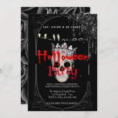 ハローウィンパーティヴィンテージゴシック銀スカル 招待状 (正面/裏面)