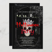 ハローウィンパーティヴィンテージゴシック銀スカル 招待状 (正面/裏面)