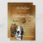 ハローウィンパーティヴィンテージフラワースカルオレンジブラック 招待状 (正面/裏面)