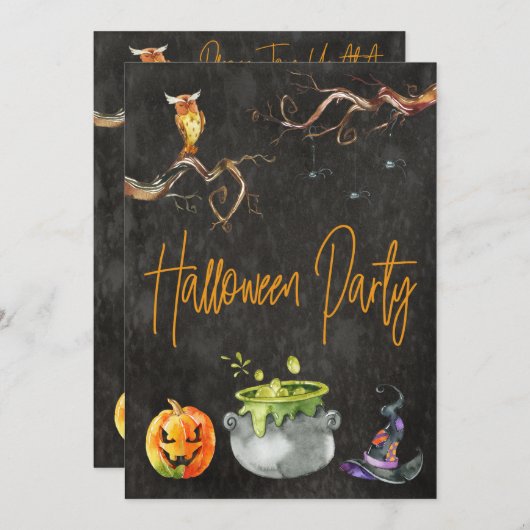 ハローウィンパーティ不気味カボチャフクロウクモの衣装 招待状 (正面/裏面)