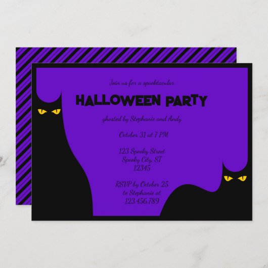 ハローウィンパーティ不気味黒猫の白熱［赤熱］光を放つ目 招待状 (正面/裏面)