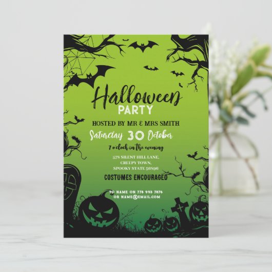 ハローウィンパーティ幽霊のよく出るウッズこうもりグリーン 招待状 (スタンド正面)