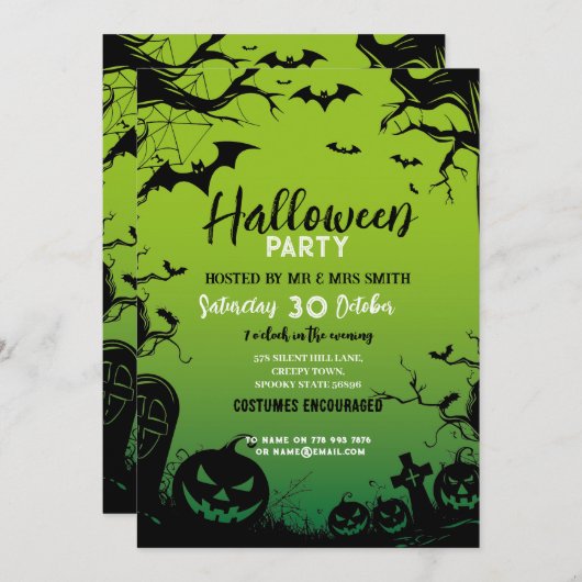 ハローウィンパーティ幽霊のよく出るウッズこうもりグリーン 招待状 (正面/裏面)