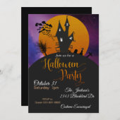 ハローウィンパーティ幽霊のよく出るハウスこうもりオレンジパープル 招待状 (正面/裏面)