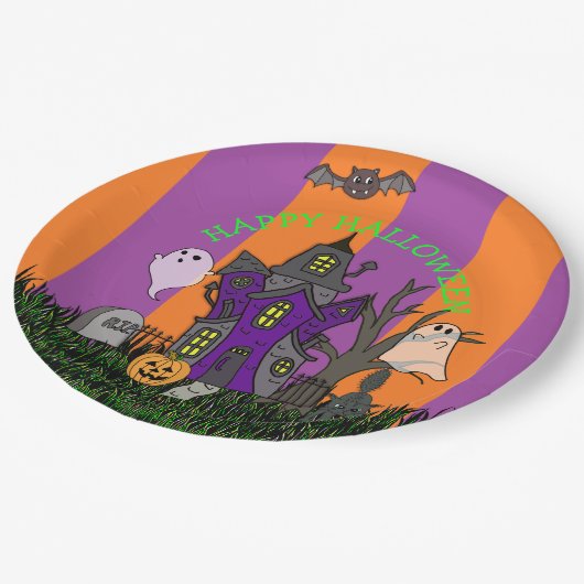 ハローウィンパーティ幽霊のよく出るハウスブラックキャット&幽霊 ペーパープレート (アングル)